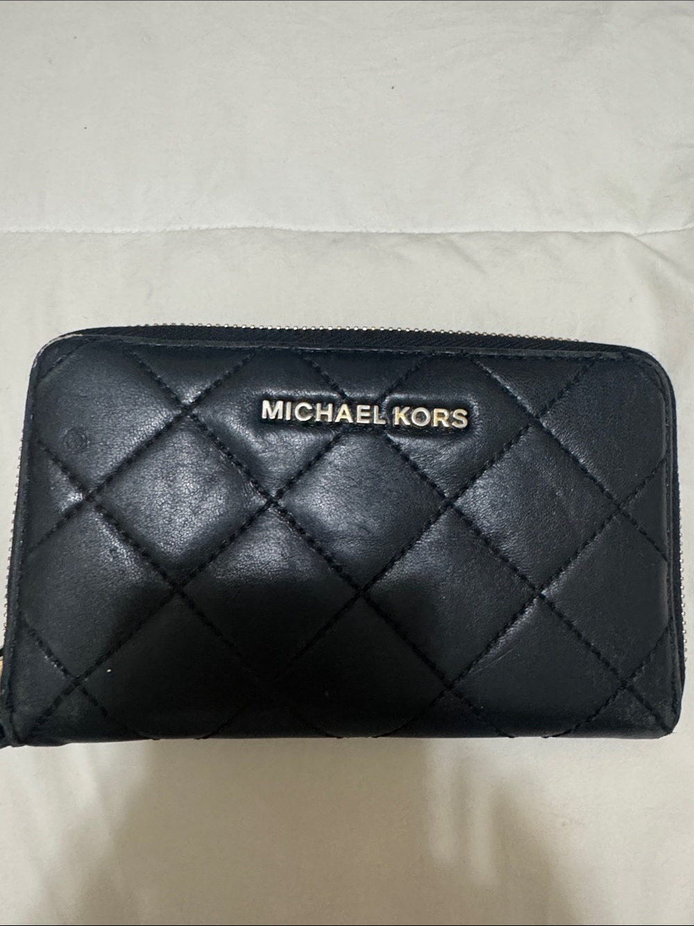 Vintage Michael Kors Black Quilted Zip Card Wallet with Gold Logo